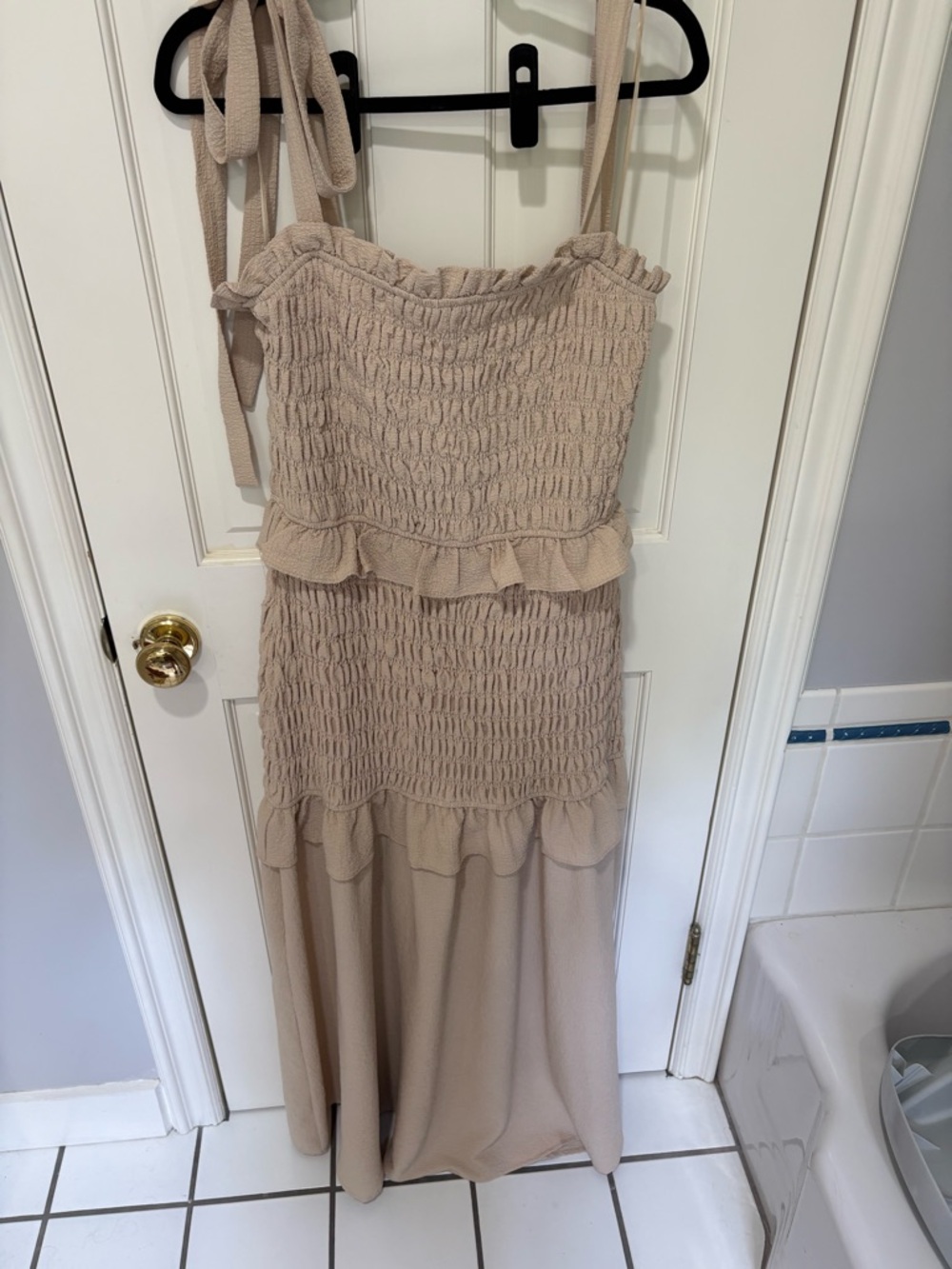 Free the roses Beige Smocked Maxi Dress with Ruffle Trim - Women's
